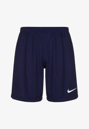 Marineblaue Sportshorts mit elastischem Bund, aus leichtem Stoff gefertigt, mit einem weißen Nike-Logo am linken Bein.