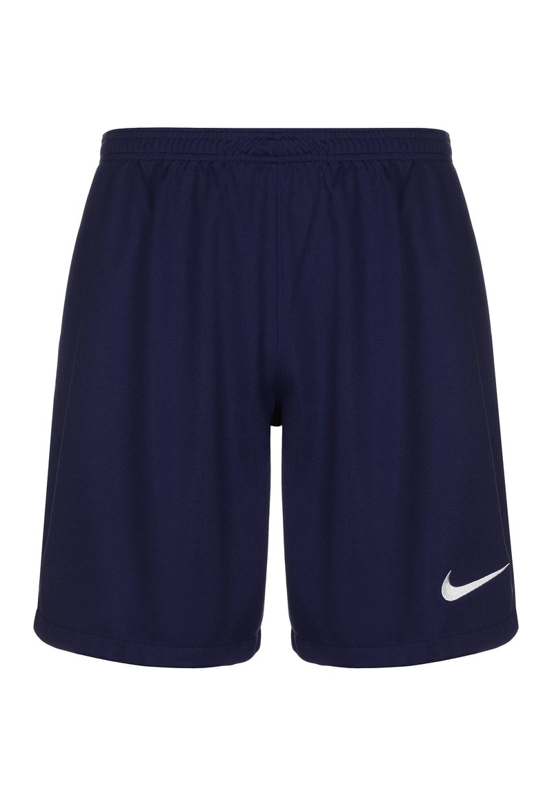 Marineblaue Sportshorts mit elastischem Bund, aus leichtem Stoff gefertigt, mit einem weißen Nike-Logo am linken Bein.