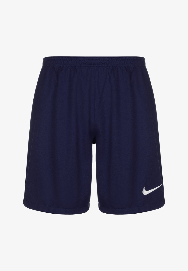 Marineblaue Sportshorts mit elastischem Bund, aus leichtem Stoff gefertigt, mit einem weißen Nike-Logo am linken Bein.