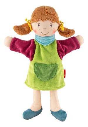 Soft fabric hand puppet of a smiling girl with brown hair in pigtails, wearing a green dress, red sleeves, blue scarf, and blue shoes.