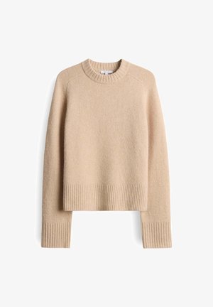 Beige Wollpullover mit geripptem Rundhalsausschnitt, Saum und Bündchen, mit langen Ärmeln und einer weichen, strukturierten Oberfläche.