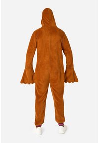 Brūns flīsa kombinezons ar kapuci, ar platām, izsistām piedurknēm un mīkstu tekstūru, paredzēts komfortam un siltumam.