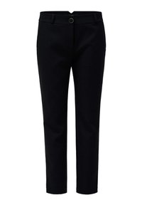 Pantaloni neri su misura con una texture liscia, design a gamba dritta, chiusura con bottone e tasche laterali.