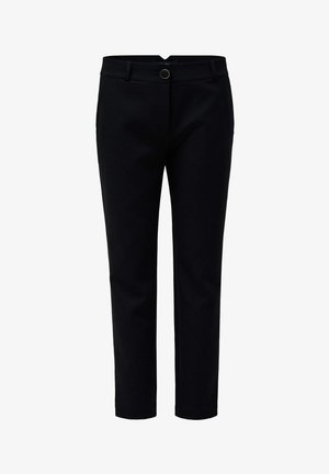 Pantaloni neri su misura con una texture liscia, design a gamba dritta, chiusura con bottone e tasche laterali.