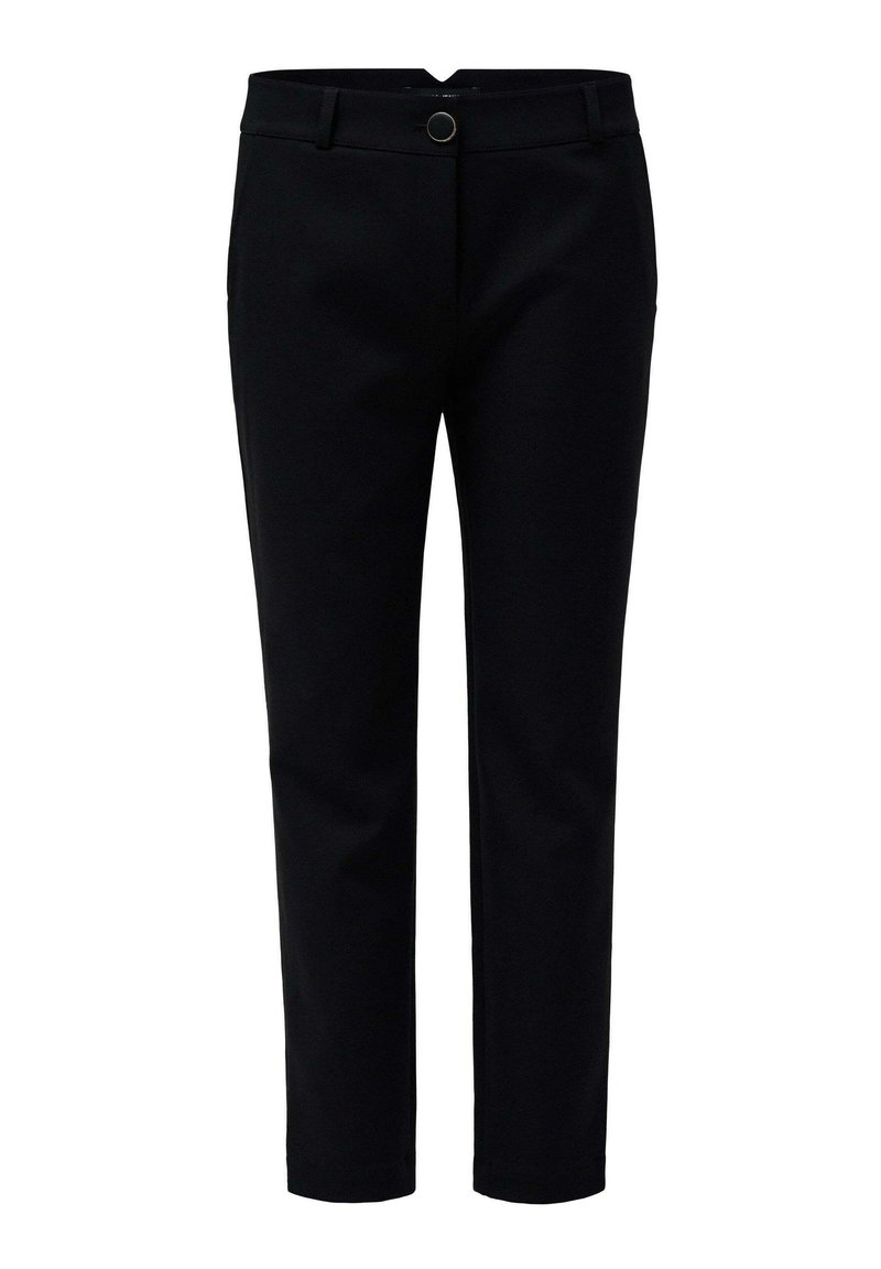 Pantaloni neri su misura con una texture liscia, design a gamba dritta, chiusura con bottone e tasche laterali.