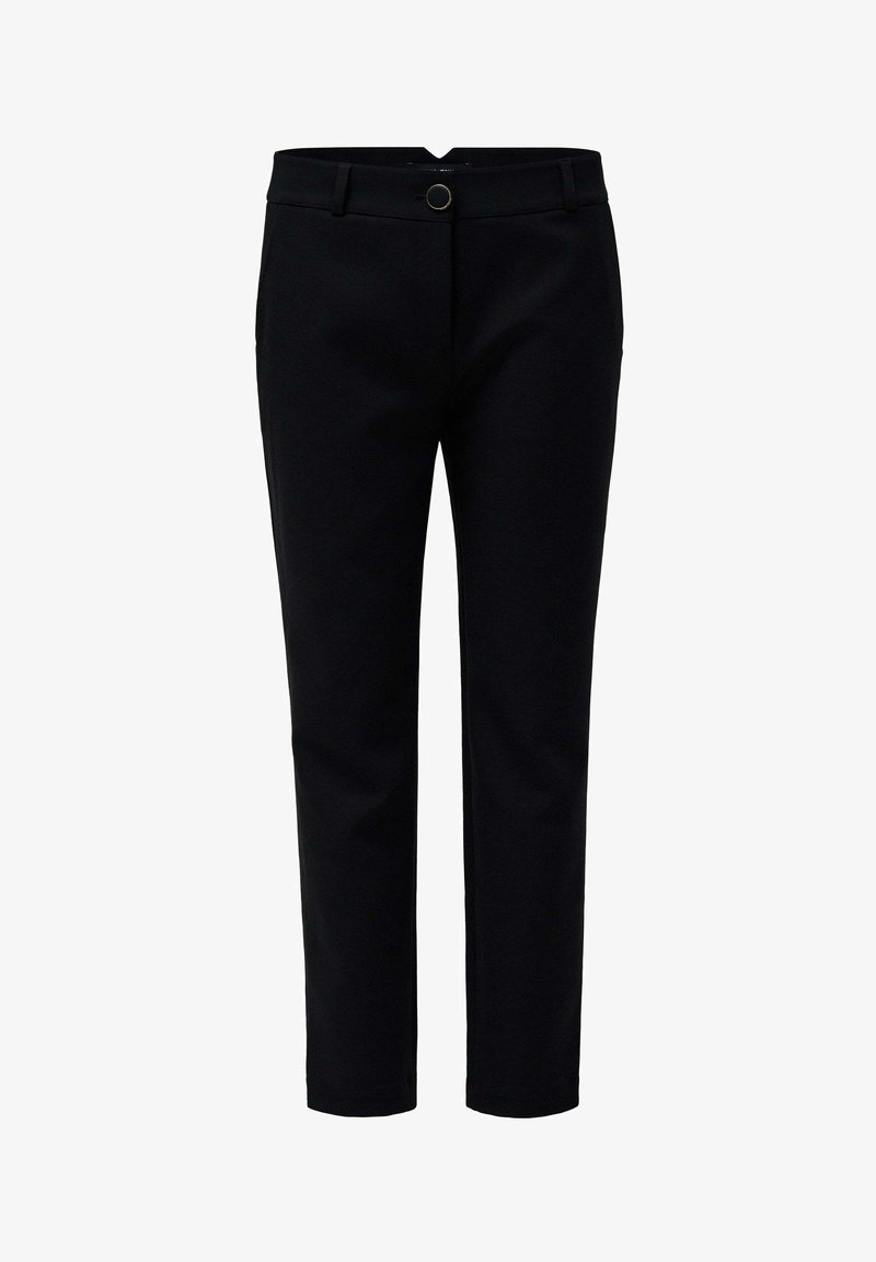 Črne oblikovane hlače z gladko teksturo, ravnim krojem, z gumbom za zapiranje in stranskimi žepe.
