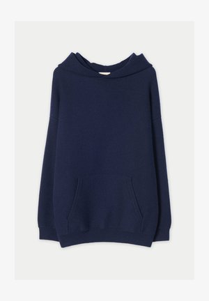 Navy blue hooded sweatshirt with long sleeves and front kangaroo pocket, displayed on a plain light background.