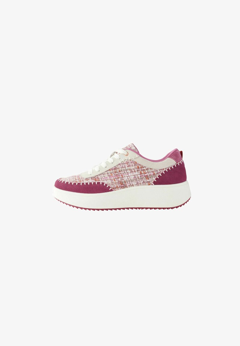 Pink fabric sneakers with a textured upper, contrasting purple suede accents, white sole, and stitched detailing along the seams.