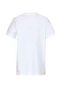 Hvit t-skjorte med korte ermer som har rund hals, glatt bomullstekstur, og ren, udecorert bakdesign med sydd kant.