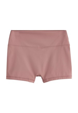 Roze atletske šortse izrađene od glatkog, rastezljivog materijala. Imaju visok struk i šivenu rub. Bez uzoraka ili dodatnih detalja.