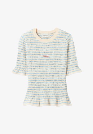 Haut à manches courtes, rayé crème et bleu clair, à smocks avec ourlet et poignets volantés, orné d'une broderie rouge "Claudie" sur la poitrine.