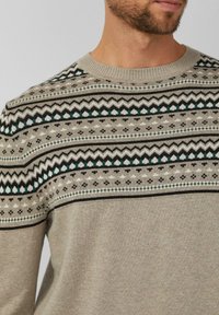 Beige ronde hals trui met zwarte, witte en groene geometrische en zigzagpatronen over de borst en schouders, gedragen door een man.