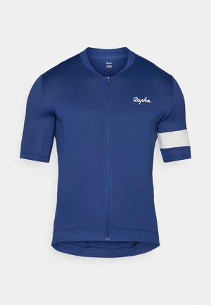 Maglia da ciclismo a maniche corte di colore blu scuro, con una cerniera e striscia bianca a contrasto. Realizzata in tessuto texturizzato e traspirante, con un design aderente.
