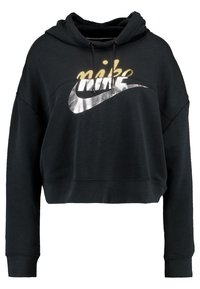 Svart kortärmad hoodie med långa ärmar och en metallisk silver- och guld Nike-logotyp på bröstet, med en dragkedja i huvan.