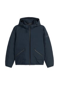 Donkerblauwe gewatteerde jas met capuchon, ritssluiting aan de voorkant en twee diagonale zakken met rits; gladde textuur en gestroomlijnd ontwerp.