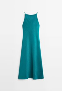 Sleeveless teal dress with thin shoulder straps and a fitted bodice flaring into an A-line skirt.