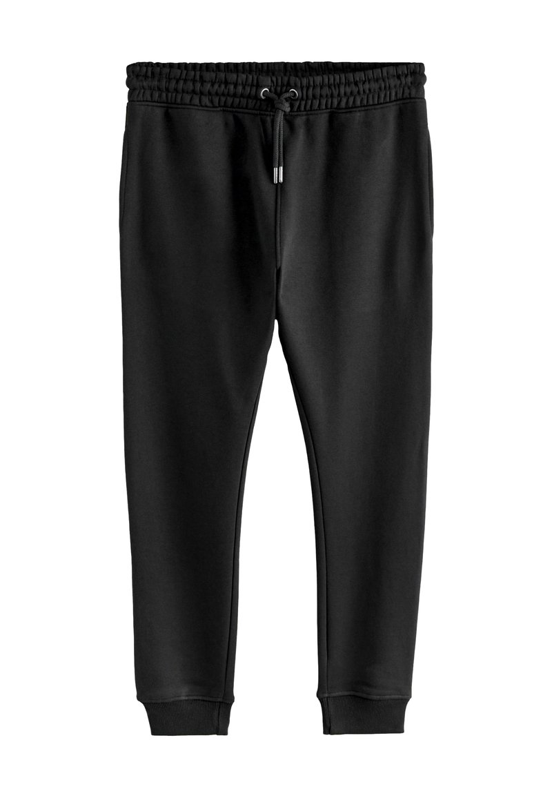 Schwarze Jogginghosen aus glattem Stoff mit einem elastischen Bund, Kordelzug und gerippten Bündchen an den Knöcheln.