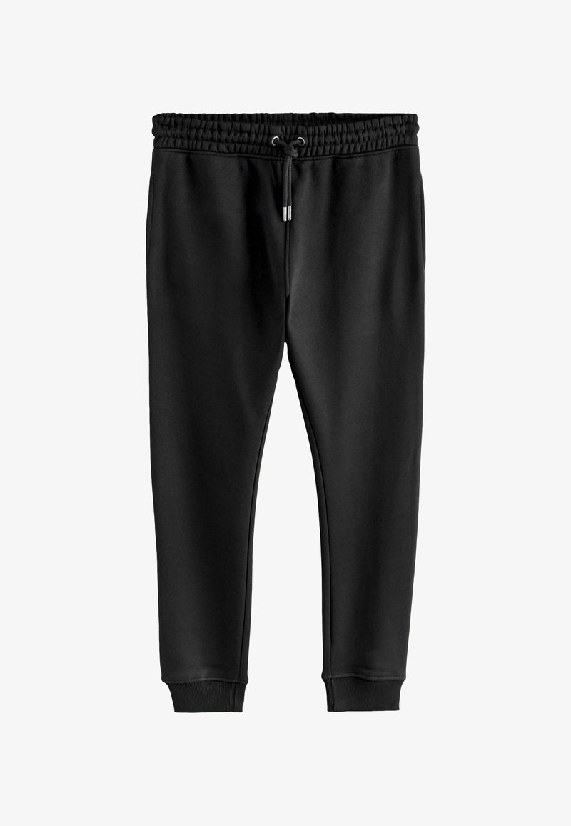 Schwarze Jogginghosen aus glattem Stoff mit einem elastischen Bund, Kordelzug und gerippten Bündchen an den Knöcheln.