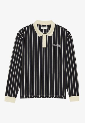Long-sleeve polo shirt with navy and cream vertical stripes, a cream collar, three-button placket, and embroidered logo on the left chest.