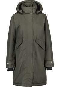 Grüne, mittelgroße Parka mit einem hohen Kragen und Kapuze. Verfügt über Druckknöpfe und zwei schräg geschnittene Fronttaschen. Glattes, wasserabweisendes Material.