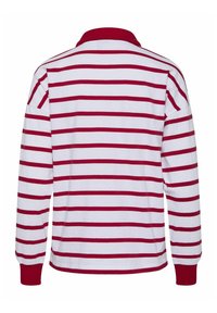 Camisa polo de manga larga en blanco con franjas horizontales rojas, con un cuello y puños rojos, fabricada en suave tela de algodón.