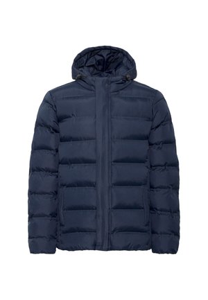 Tamsiai mėlynas paminkštintas švarkas su gobtuvu, su horizontaliomis siuvinėjimo dalimis, priekyje su užtrauktuku ir dviem šoninėmis kišenėmis. Minkšta tekstūra.