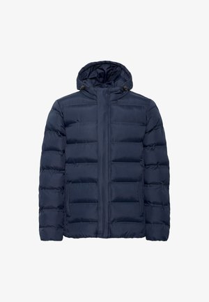 Veste matelassée bleu marine avec capuche, présentant des sections cousues horizontalement, fermeture éclair à l'avant et deux poches latérales. Texture douce.