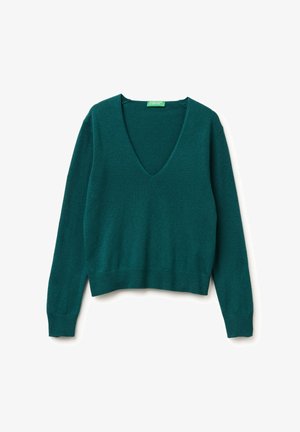 Teal, V-hals trui gemaakt van zachte stof. Lange mouwen, aansluitende taille en geribde zoom. Minimalistisch ontwerp zonder zichtbare patronen of hardware.