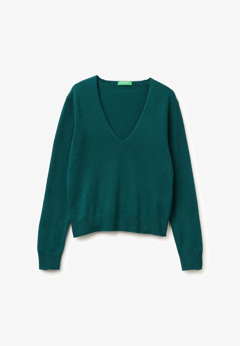 Tealfarbener V-Ausschnitt-Pullover aus weichem Material. Lange Ärmel, figurbetonter Schnitt und gerippter Saum. Minimalistisches Design ohne sichtbare Muster oder Beschläge.