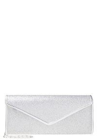 Srebrna torebka kopertówka z brokatem. Posiada metaliczne wykończenie i ukrytą łańcuszkową rączkę. Gładka tekstura z połyskiem.