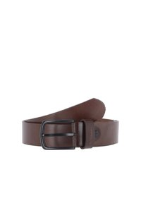 Cinturón de cuero marrón con una textura suave, que presenta una hebilla rectangular de metal negro y un diseño clásico, que se estrecha hacia el final.