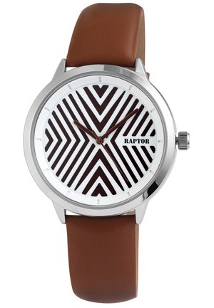 Round watch with a silver metal case, white dial featuring brown chevron patterns, brown leather strap, and a stainless steel crown.