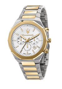 Orologio in acciaio inossidabile argento e oro con cassa ottagonale, quadrante bianco con texture, tre sottoquadranti e visualizzazione della data. Impermeabile fino a 100 metri.