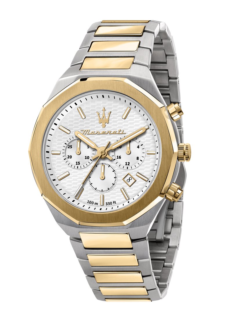 Orologio in acciaio inossidabile argento e oro con cassa ottagonale, quadrante bianco con texture, tre sottoquadranti e visualizzazione della data. Impermeabile fino a 100 metri.