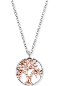 Silberne Kettenhalskette mit einem runden Anhänger, der ein filigran gestaltetes Baumotiv aus Roségold innerhalb eines kreisförmigen Rahmens zeigt.