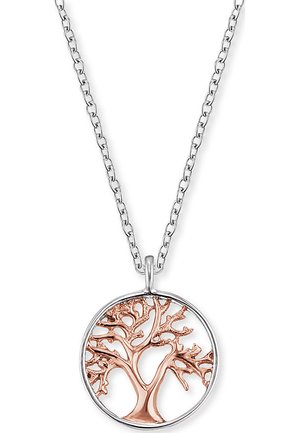 Silberne Kettenhalskette mit einem runden Anhänger, der ein filigran gestaltetes Baumotiv aus Roségold innerhalb eines kreisförmigen Rahmens zeigt.