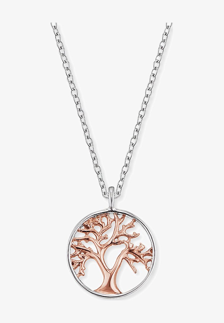 Collana in argento con un pendente rotondo che presenta un motivo di albero in oro rosa finemente dettagliato all'interno di un contorno circolare.