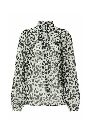 Langarmp blouse in lichte stof met een hoge halslijn en strikdetail, met een monochrome stippenpatroon en gathered manchetten.