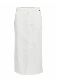 Vit denim midi kjol med rak passform, framknappt stängning och minimalistisk design. Har enkel sömnad och en subtil textur.