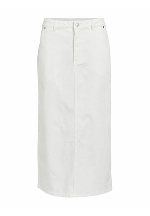 Vit denim midi kjol med rak passform, framknappt stängning och minimalistisk design. Har enkel sömnad och en subtil textur.