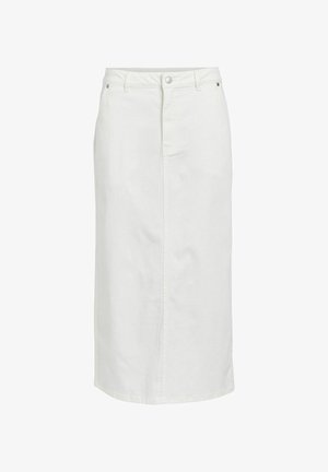 Vit denim midi kjol med rak passform, framknappt stängning och minimalistisk design. Har enkel sömnad och en subtil textur.