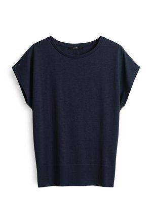 Top blu navy a maniche corte con scollatura rotonda, vestibilità comoda e fondo a coste. Realizzato in un materiale morbido e leggero con texture liscia.