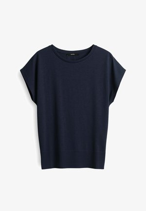 Navyblauw T-shirt met korte mouwen en een ronde halslijn, ontspannende pasvorm en geribbelde zoom. Gemaakt van een zachte, lichte stof met een gladde textuur.