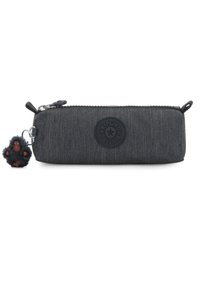 Porta penne in denim nero con finitura testurizzata, dotato di chiusura con zip, badge rotondo con logo e un portachiavi a forma di scimmia.
