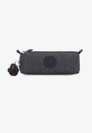 Black denim pencil case with a textured finish, featuring a zip closure, round logo badge, and a keychain monkey charm.
