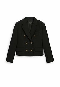 Musta lyhyt bleiseri, jossa on kultaiset kaksoisnapit, lovikaulus, yksi rintatasku, kaksi etutaskua ja ryhdikäs istuvuus. Valmistettu sileästä kankaasta.