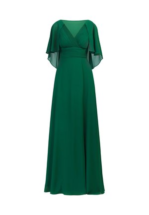 Długa, zwiewna zielona sukienka z lekkiego materiału. Posiada dekolt w kształcie litery V, plisowaną górę oraz przezroczyste rękawy w stylu peleryny. Prosty, elegancki projekt.