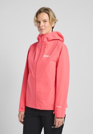 Pink waterproof jacket with a hood, front zipper, and ventilation pockets. Made from Texapore material, featuring logo accents and adjustable cuffs.