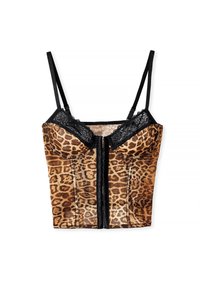 Leopard print corset with black lace trim, adjustable straps, structured cups, and a front zipper. Made with smooth, textured fabric.