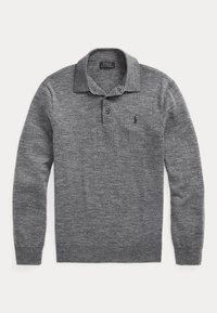 Pull polo gris à manches longues avec col, deux boutons et petit logo brodé sur la poitrine gauche.